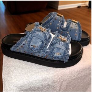 Nine West Frayed Denim Studded Slide Sandals in Light Blue